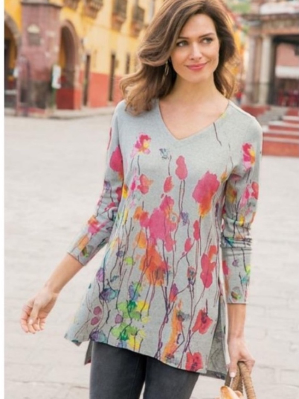 Soft Surroundings Poppy Field V-Neck Tunic Top-Heather Gray-Women Size Large